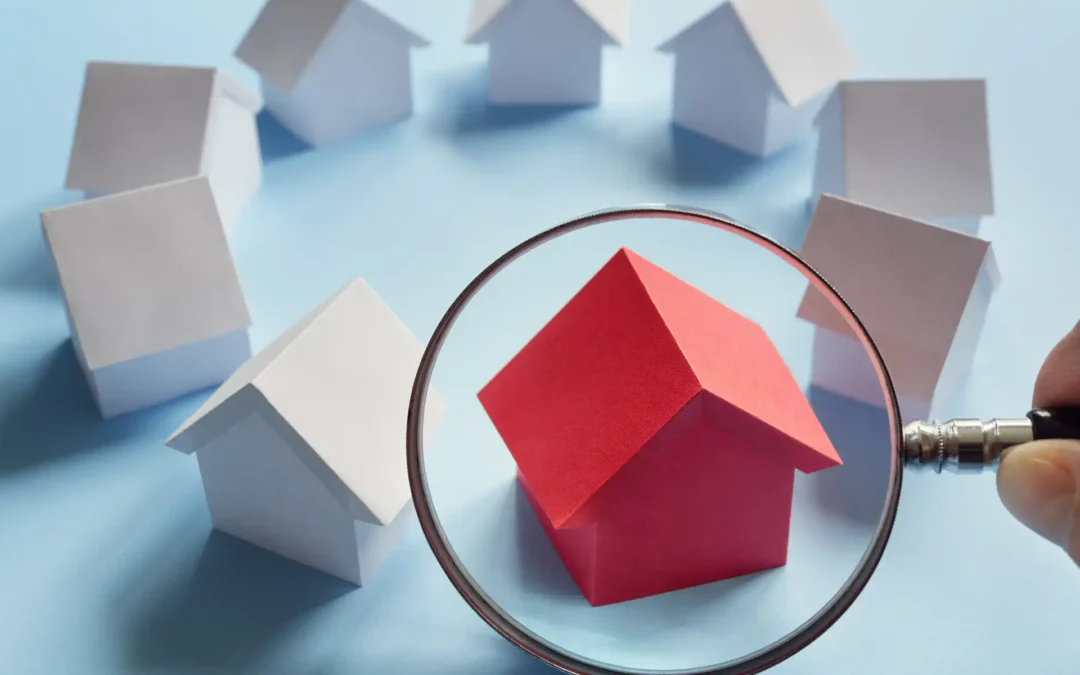 a red house surrounded by white paper houses